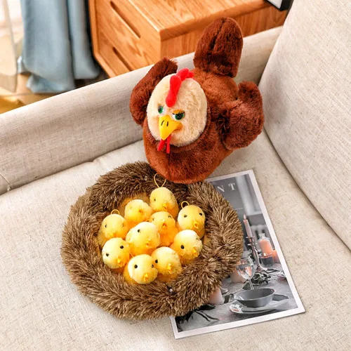 Vista 2 de Juego de muñecas de gallina de peluche con nido y pollitos – Divertida decoración de fiesta para madre, gallina y pollitos, regalos para niños
