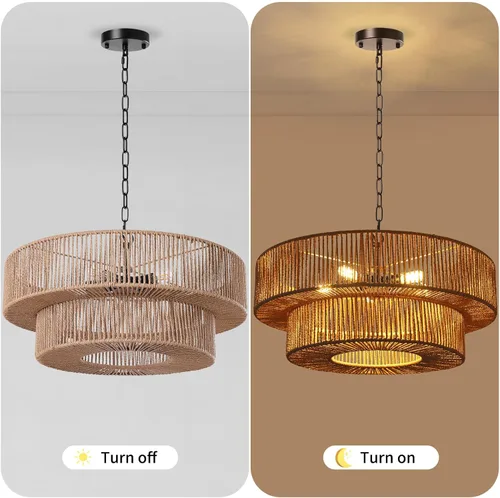Vista 7 de LamQee Candelabros de Ratán Estilo Granja de 22 Pulgadas, Lámpara de Araña Boho de 5 Luces con Pantalla de Mimbre Tejida a Mano, Luces Colgantes