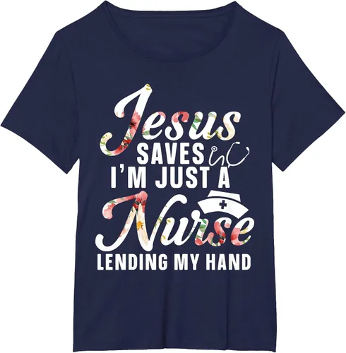 Vista 38 de Jesus Saves I'm Just A Nurse Lending My Hand RN Christian T-Shirt Asphalt Grey