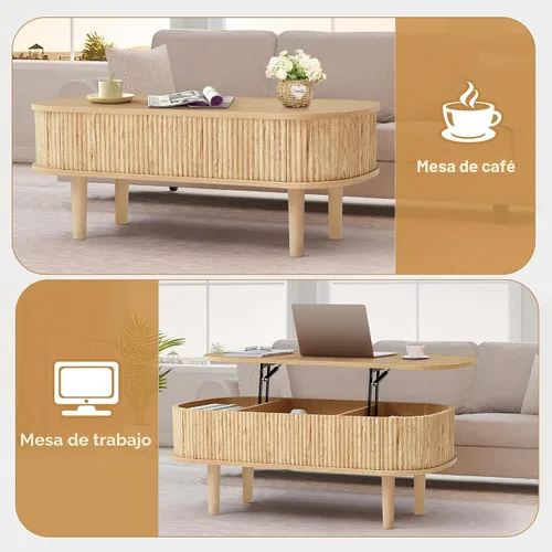 Vista 4 de Mesa de centro con parte superior acanalada totalmente montada con compartimento oculto, mesa central de madera, moderna mesa de elevación ovalada