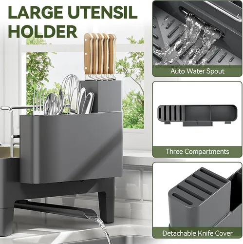 Vista 6 de Urackify Escurridor de platos expandible, escurridor de platos de acero inoxidable con marco de aluminio, escurridor de platos para encimera