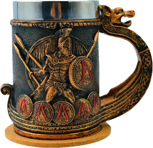 Vista 7 de Jarra de barril de madera Stein Tankard, Taza de acero inoxidable con asa, decoración nórdica vikinga mitológica poética gótica para fiestas
