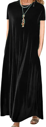 Vista 13 de Vestido de terciopelo para mujer, formal, casual, linda, cuello redondo, elegante, de manga corta, con bolsillo