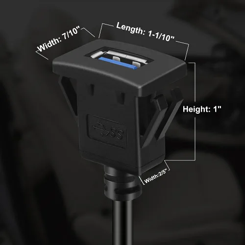 Vista 4 de Cable de extensión cuadrado de un solo puerto USB 3.0 de montaje empotrado con hebilla para automóvil, camión, barco, motocicleta, salpicadero, 1 pie