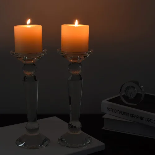 Vista 6 de Kitcom Paquete de 2 portavelas de cristal para decoración del hogar, cono de cristal transparente/portavelas de pilar, centros de mesa