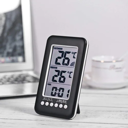 Vista 2 de Termómetro para interiores y exteriores Termómetro inalámbrico para casa LCD ℃/℉ Reloj digital Medidor de temperatura con transmisor Números fáciles