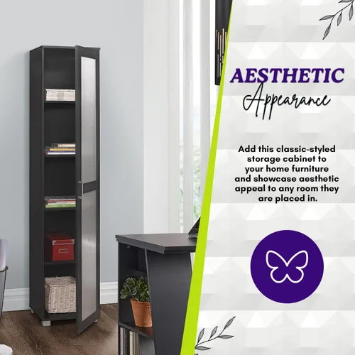 Vista 6 de Kings Brand Furniture Romero - Armario de almacenamiento alto Curio, estantería alta perfecta para sala de estar, cocina, dormitorio y oficina, Negro