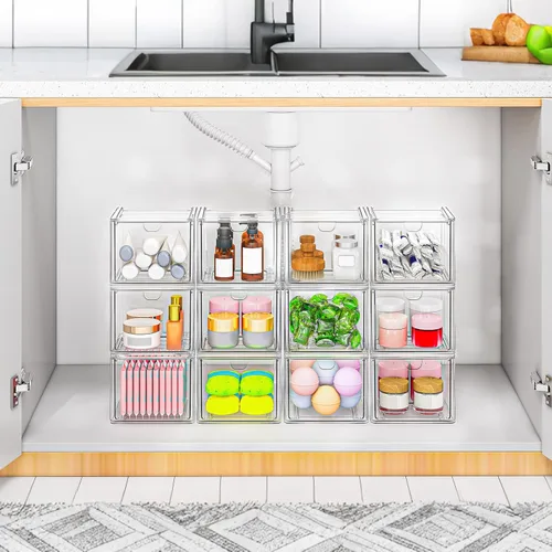 Vista 7 de caktraie Paquete de 6 pequeños cajones apilables para baño, organizador de maquillaje acrílico para baño, contenedores de almacenamiento de plástico