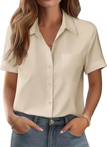 Vista 18 de Zeagoo Blusa de manga corta con botones para mujer, con bolsillo en el busto, para negocios, casual, para el trabajo, trajes de verano