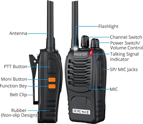 Vista 9 de Proster Walkie Talkies recargables, 1 par, radios bidireccionales de largo alcance de 16 canales con cargador USB, micrófono de auricular