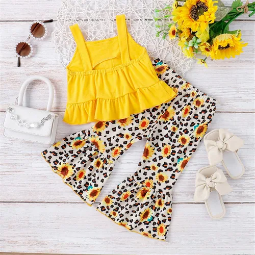 Vista 2 de PATPAT Infant Baby Girl Cami Romper Bodysuit Tops Flared Bell Bottom Pants Leggings 2Pcs Outfits
