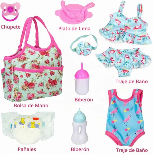 Vista 4 de UNICORN ELEMENT Juego de 12 accesorios para muñecas de bebé, kit de alimentación y cuidado con bolsa de pañales, pañales para muñecas, 2 botellas