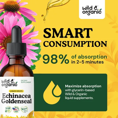 Vista 4 de Wild & Organic Echinacea Goldenseal - Suplemento de apoyo inmunológico con extracto de raíz de equinácea de sello dorado, tintura vegana, sin azúcar