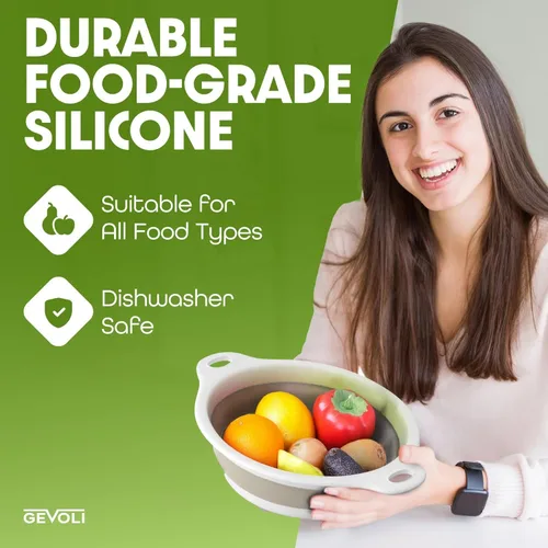 Vista 5 de Gevoli Colador plegable grande 2 en 1 con base autodrenante, colador de alimentos de drenaje lateral de plástico para borde del fregadero de cocina