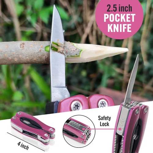 Vista 4 de Multiherramienta Rosa 15-en-1 para Mamá, Esposa, Hija, Abuela, Alicates de Multiherramienta EDC Práctica, Cuchillo de Bolsillo con Bloqueo
