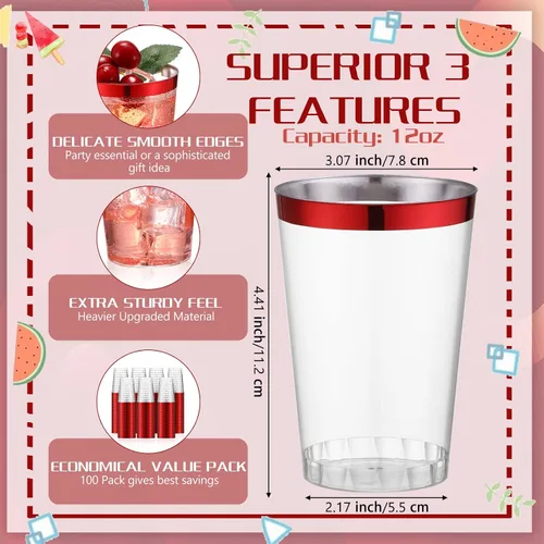 Vista 2 de Patelai 100 piezas de vasos de plástico rojos de 12 oz, vasos de plástico con borde rojo resistentes, vasos desechables para vino, vasos