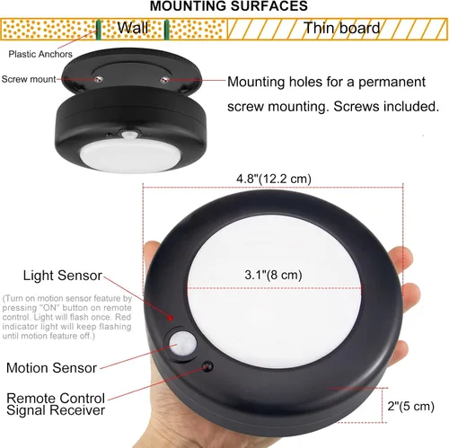 Vista 6 de Lámpara de techo a pilas, luz LED con sensor de movimiento con control remoto, luz de ducha inalámbrica, 10 luces de pasillo que cambian