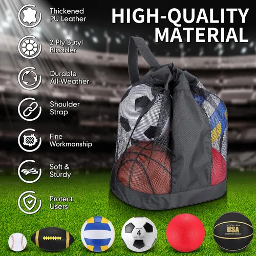 Vista 3 de Realspring Juego de 6 pelotas deportivas múltiples para niños y adolescentes, tamaño oficial, fútbol, voleibol, pelota de juegos infantiles, béisbol