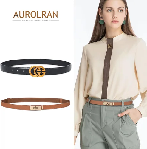 Vista 216 de Cinturón de cuero clásico con hebilla de metal para mujer con vestido de jeans
