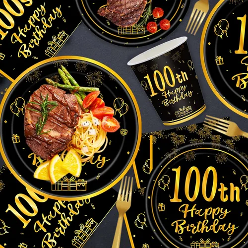 Vista 3 de 120 piezas de suministros para fiesta de cumpleaños número 100, platos, servilletas, vasos, tenedores, juego de vajilla desechable con temática