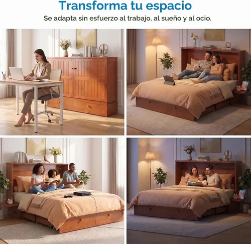 Vista 8 de Mjkone Armario de cama Queen Murphy, cama de pecho Murphy con cajón de almacenamiento, estación de carga USB, panel de noche, camas convertibles
