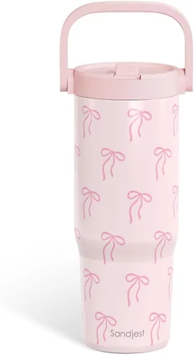 Vista 32 de SANDJEST Besties - Vaso de acero inoxidable con tapa para pajita de 30 onzas con asa de transporte para mujeres, niñas, mejores amigas, taza de café