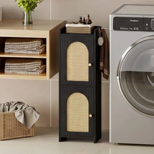 Vista 6 de Arbuxzuy Gabinete de almacenamiento de baño de ratán con 2 puertas y Ratán negro