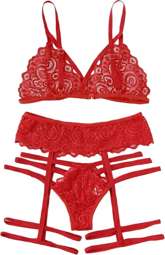 Vista 2 de WDIRARA - Conjunto de lencería para mujer, 3 piezas, malla floral