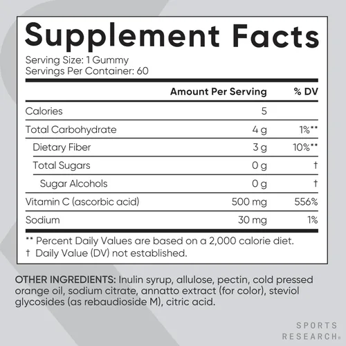 Vista 5 de Sports Research® Gomitas de vitamina C 500 mg de vitamina C Sin azúcar, sin gelatina, certificadas veganas y probadas sin OGM Apoyo inmune