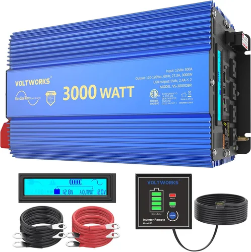 Vista 8 de Inversor de potencia 1100 vatios 12V DC a 110V 120V AC, inversor de 1000 W con pantalla LCD, control remoto, 2 tomas de CA, puertos USB duales