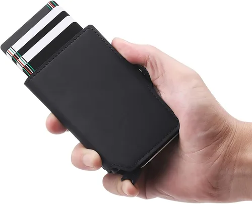 Vista 7 de TNE AirTag - Billetera de cuero genuino para tarjetas de crédito para hombres Bloqueo RFID Mini plegable automático de aluminio con cremallera