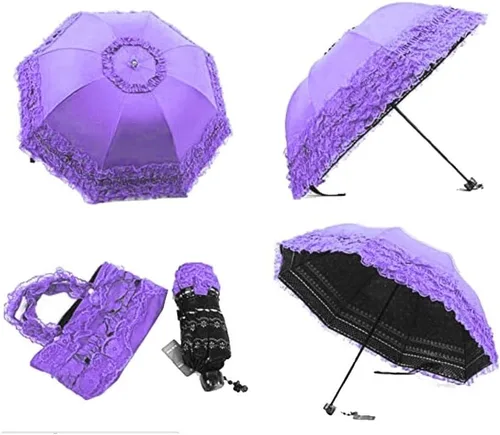 Vista 2 de Sombrilla plegable de viaje compacta resistente a los rayos UV, sombrilla de encaje de princesa para mujeres y niñas