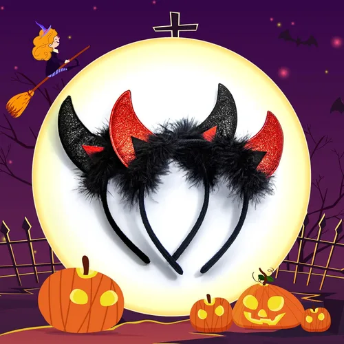 Vista 7 de Diadema de cuerno de diablo, diadema de Halloween, accesorio para disfraz de Halloween (rojo)