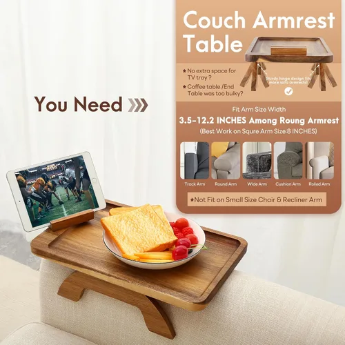 Vista 3 de SINWANT Mesa de Brazo para Sofá, Mesas de Reposabrazos de Sofá de Madera de Acacia, Mesa de Reposabrazos de Sofá con Soporte para Teléfono de 360°