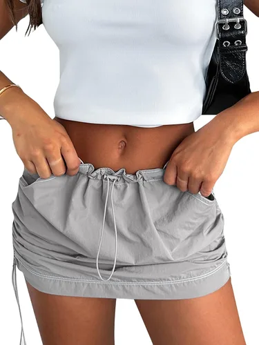Vista 4 de OPOIPIN Minifalda corta de verano con cordón de cintura baja para mujer, con bolsillos