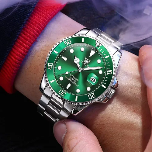 Vista 2 de Reloj automático de viento automático para hombre, reloj de lujo de acero inoxidable con fecha, reloj clásico impermeable con bisel giratorio