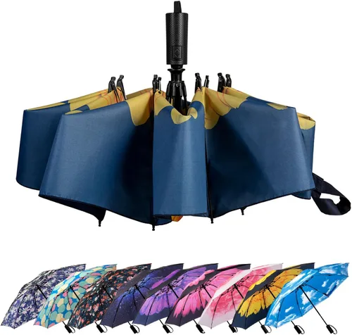 Vista 62 de LANBRELLA Paraguas plegable inverso compacto paraguas de viaje a prueba de viento automático
