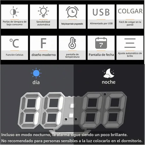 Vista 6 de Reloj despertador de pared digital LED 3D, 9.5 pulgadas, 3 brillos de 12/24 horas, color blanco