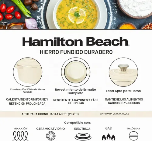 Vista 4 de Hamilton Beach Olla holandesa de hierro fundido esmaltado de 3 cuartos de galón con tapa, color crema