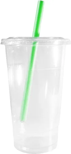 Vista 2 de Vasos desechables de plástico transparente con tapas y popotes para batidos, 200 unidades, 24 onzas (onzas) taza de PET transparente para batidos
