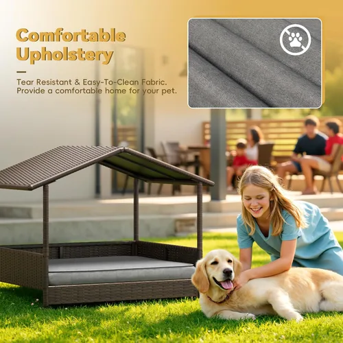 Vista 2 de Greesum Casa de mimbre para perros pequeños/medianos, cama elevada para perros al aire libre e interior con cojín, para terraza, patio, piscina