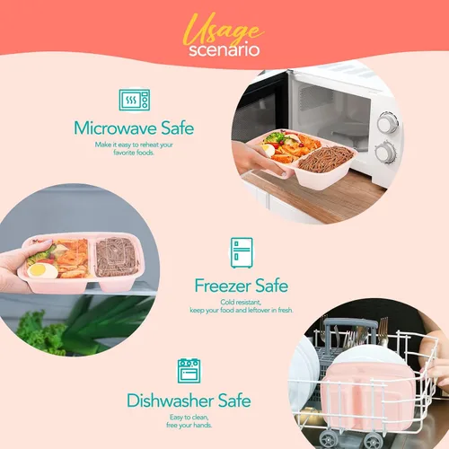 Vista 4 de Glotoch - Paquete de 50 recipientes de comida rosados con 2 compartimentos, recipientes para alimentos de 32 onzas para llevar, recipientes
