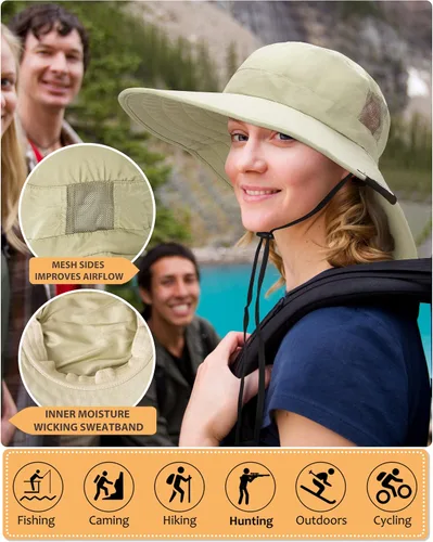 Vista 5 de Tirrinia Sombrero de sol para mujer, de ala dura, extra ancha, grande, Boonie, pesca, safari, senderismo