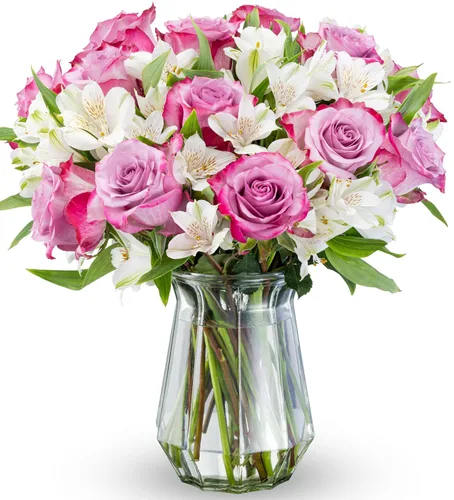 Vista 7 de Benchmark Bouquets - Rosas clásicas y alstroemeria (jarrón de cristal incluido) - Flores frescas para entrega al día siguiente - Regalo