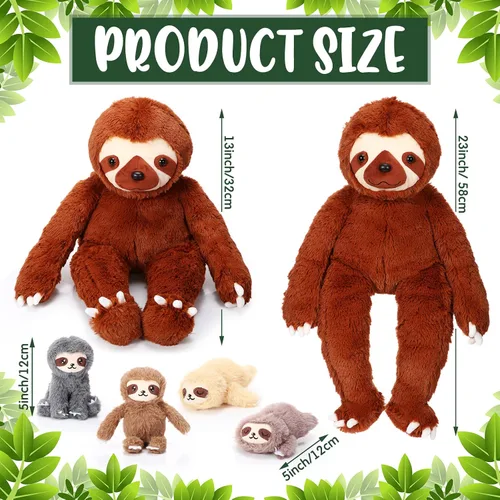 Vista 2 de Kasyat Juego de 5 juguetes de peluche de perezoso de 13 pulgadas con 4 lindos peluches de bebé en vientre con cremallera para niños, regalos