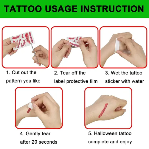 Vista 3 de Cara y cuerpo de terror realista de cicatriz falsa, impermeable, tatuajes temporales, calcomanías para Halloween, día del inocente, zombi, 8 hojas