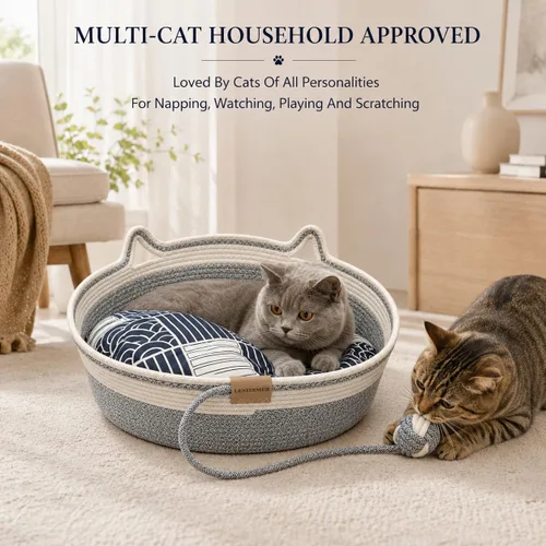 Vista 7 de Cesta de cama para gatos de interior Cuerda de algodón tejida a mano con Gris