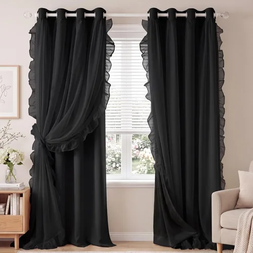 Vista 41 de PONY DANCE 100% Blackout Beige Curtains for Bedroom, Double Layer Room Darkening Drapes with White Ruffle Sheer Overlay, Boho Living Room Decor