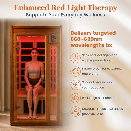 Vista 6 de DYNAMIC SAUNAS Barcelona - Sauna de infrarrojos lejanos de baja EMF para 1 a 2 personas con terapia de luz roja y altavoces Bluetooth Sauna