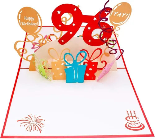 Vista 3 de iGifts And Cards Tarjeta desplegable 3D de cumpleaños 96, regalos coloridos y celebración de hitos de globos, saludo sincero para personas mayores